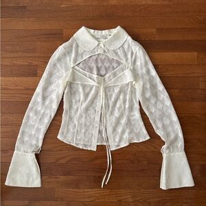 White Sheer Button Down Shirt with Heart Motif